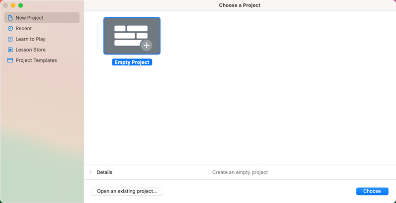 Abrir GarageBand en Mac Crear nuevo proyecto