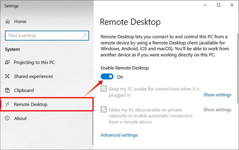 Habilitar configuración de escritorio remoto