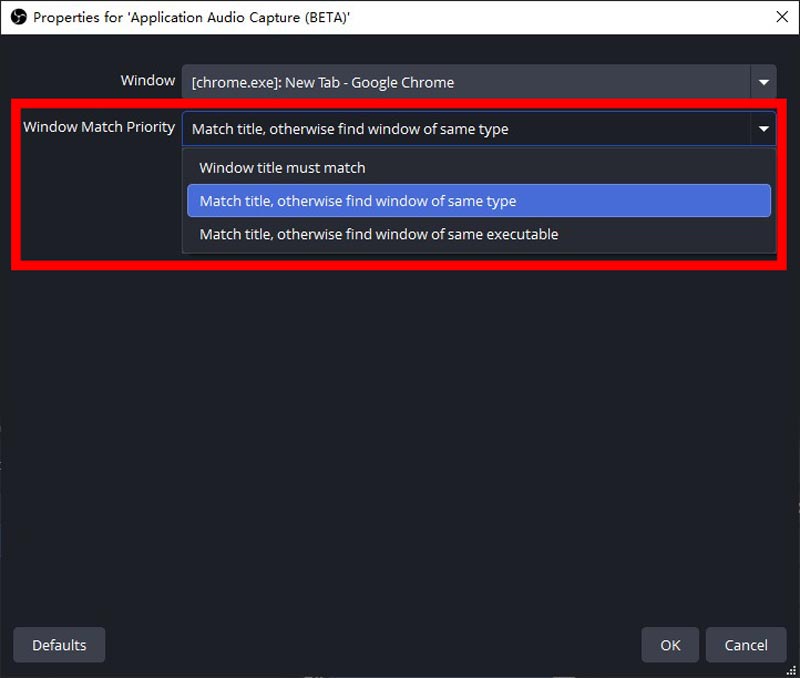 Prioridad de coincidencia de la ventana Propiedades
