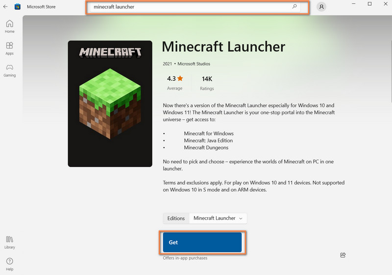 Lanzador de Minecraft de Microsoft Store