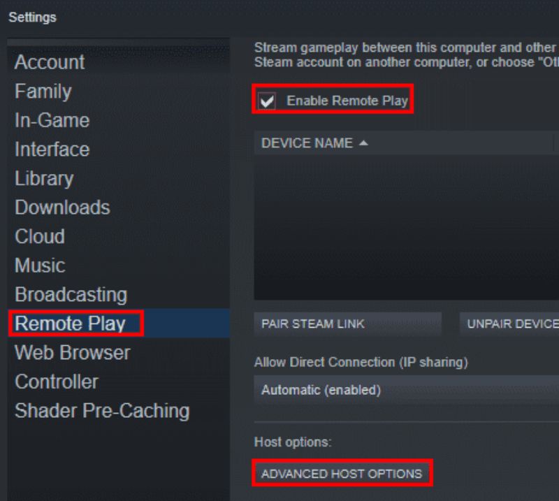Enable Remote Play Steam