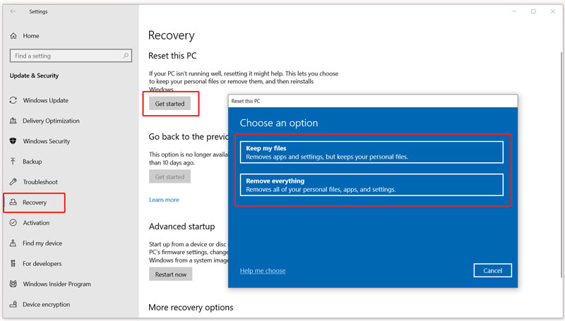 Reiniciar una computadora portátil a la configuración de fábrica de Windows 10