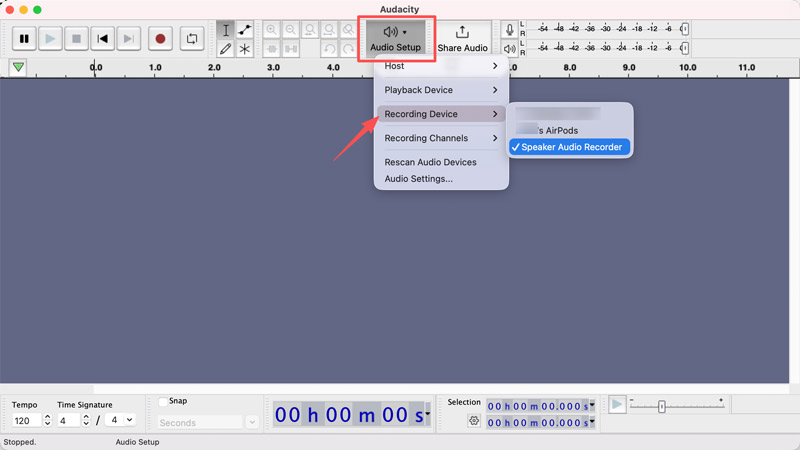 Configuración de audio de Audacity para dispositivos de grabación en Mac