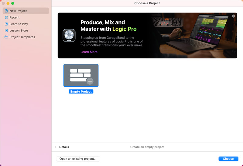 Garageband Crear proyecto vacío