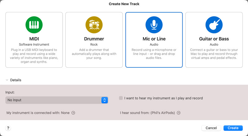 Garageband Seleccionar entrada de audio