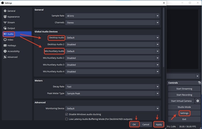 Cambiar la configuración de audio de OBS