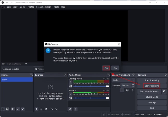 OBS Iniciar grabación de audio de escritorio