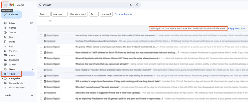 Ir a la papelera en Gmail Web
