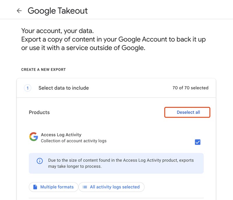 Google Takeout Deseleccionar todo