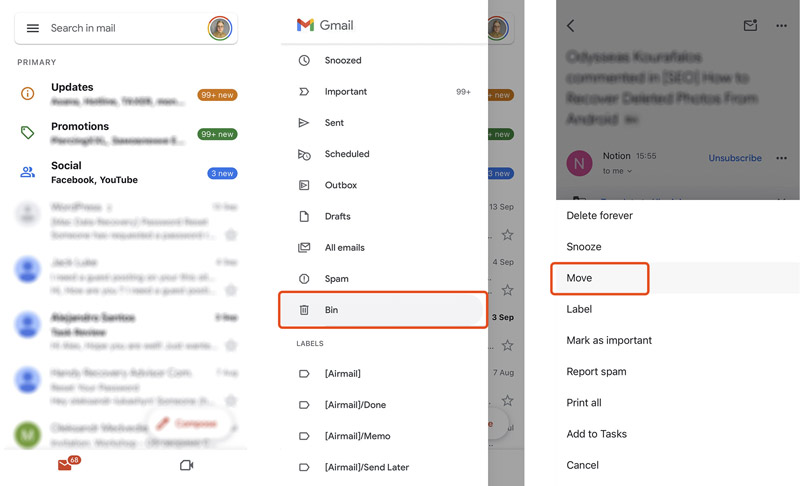Recuperar correos electrónicos eliminados de Gmail en iPhone
