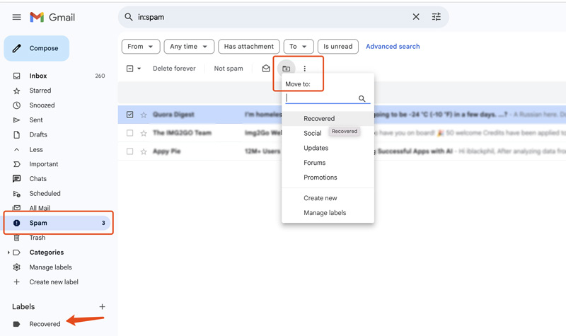 Recuperar correos electrónicos no deseados en Gmail