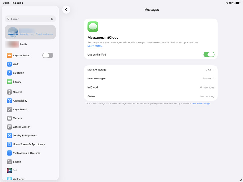 Mensajes del iPad habilitados en iCloud