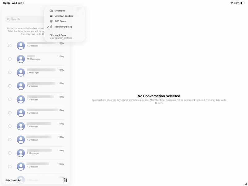 Recuperar mensajes eliminados recientemente en iPad