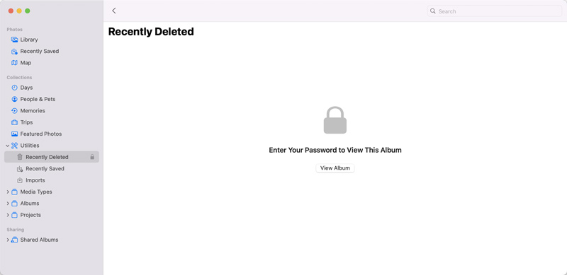 Introduce la contraseña para ver álbumes eliminados recientemente en Mac