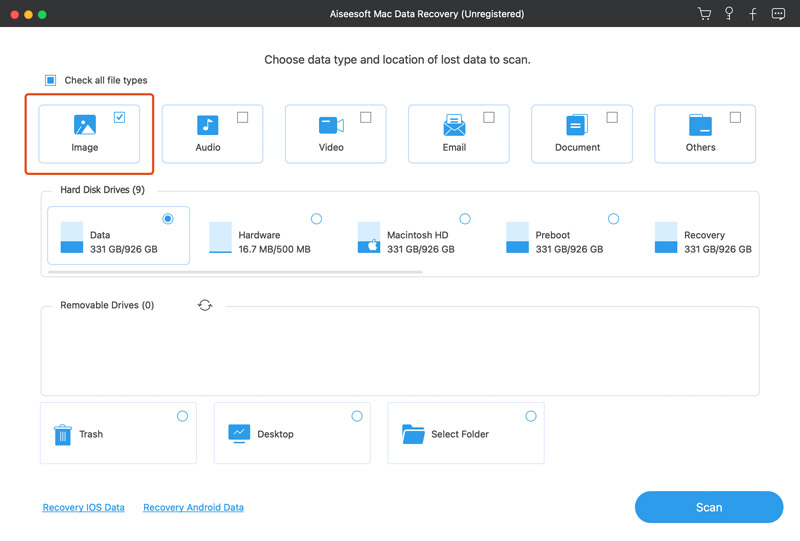 Recuperación de datos de Mac: Elija el tipo de archivo de imagen