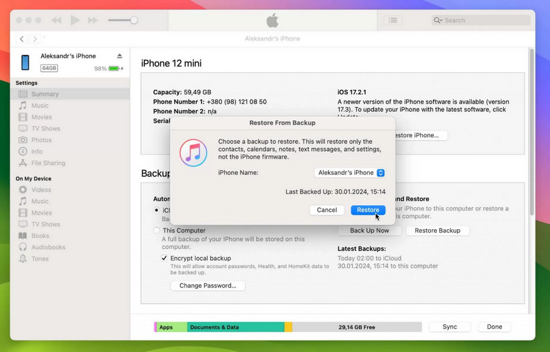 Restaurar imagen de iPhone Inicio de iTunes