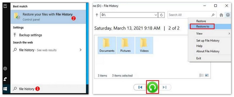 Restaurar archivos mediante el historial de archivos de Windows.