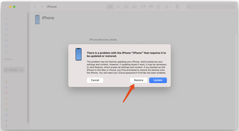 Restore iPhone in Recovery Mode Mac Finder