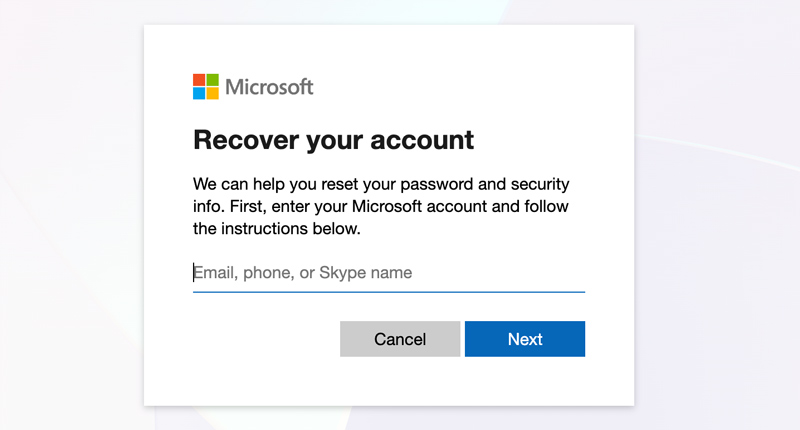 Página de restablecimiento de contraseña de Outlook Hotmail de Microsoft
