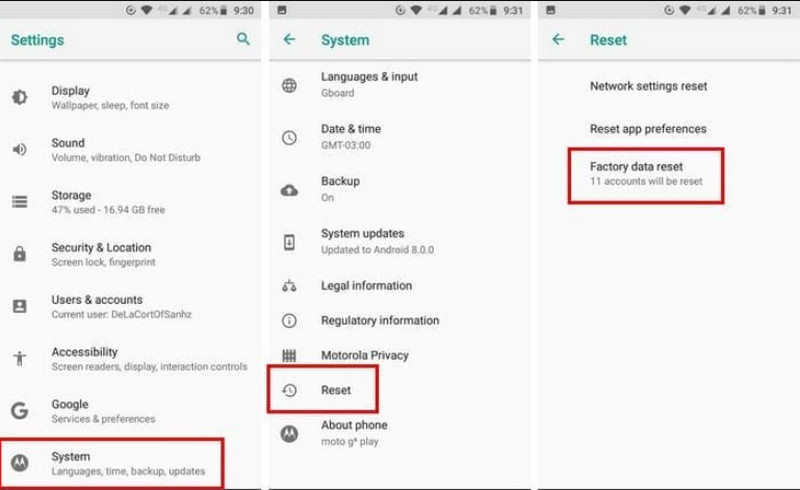 Configuración Restablecimiento de fábrica Bloqueo del teléfono Motorola