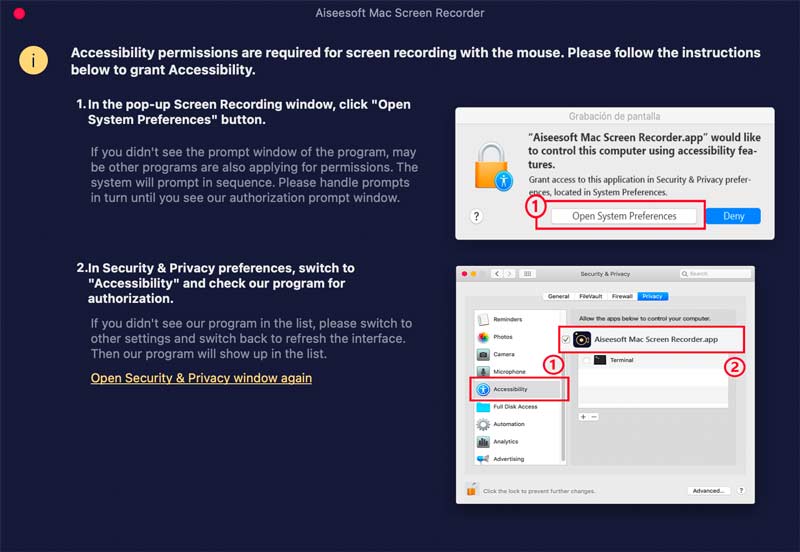 Permisos de grabación de pantalla de Mac