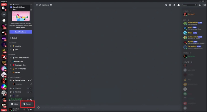 Botón Compartir pantalla de Discord