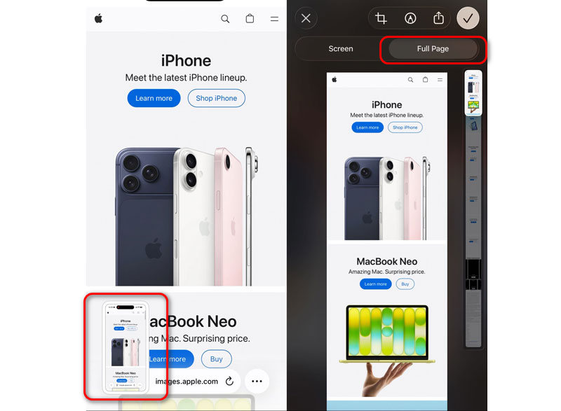 Captura de pantalla completa de la página web en iOS