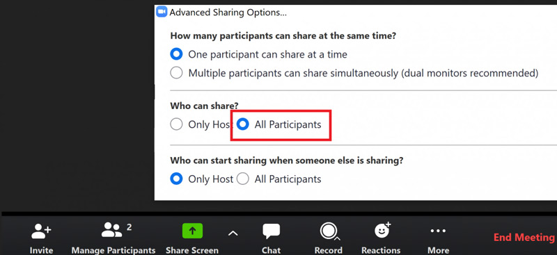 Habilitar el uso compartido de pantalla del participante en Zoom
