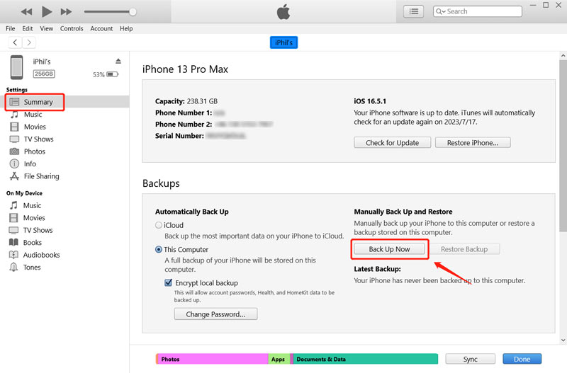 Copia de seguridad de mensajes de iPhone usando iTunes