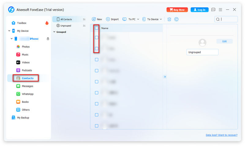 Previsualiza y selecciona contactos con Foneease.