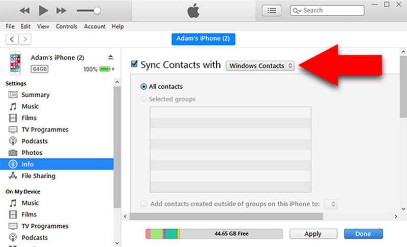 Transferir contactos mediante copia de seguridad de iTunes