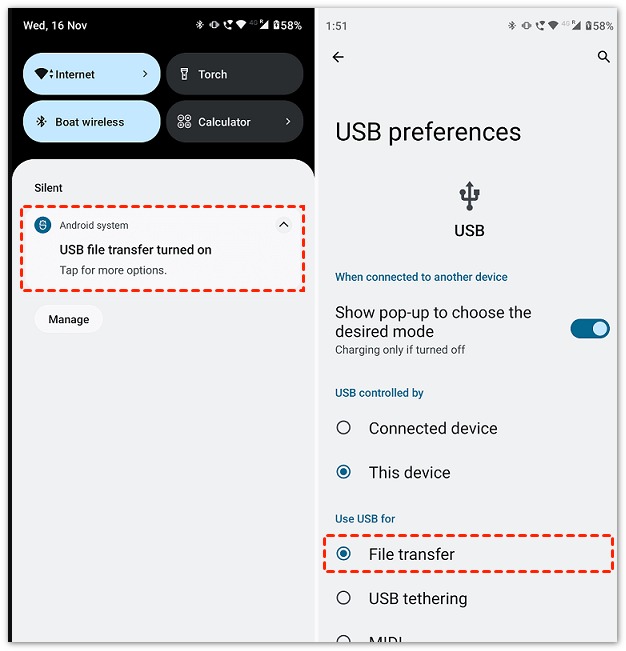 Conecta tu dispositivo Android al ordenador y elige el modo de transferencia de archivos.