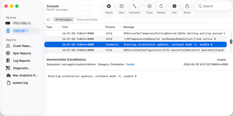 Aplicación de consola para Mac Registros del sistema del iPhone