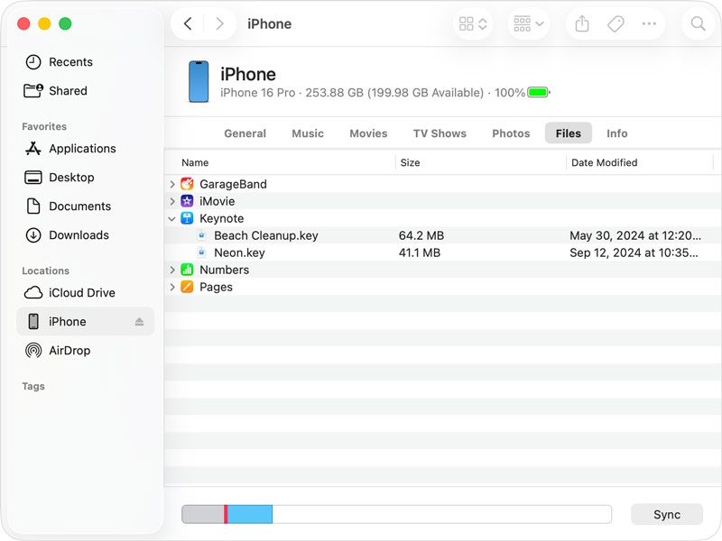 Transferir archivos de iPhone a Mac con Finder