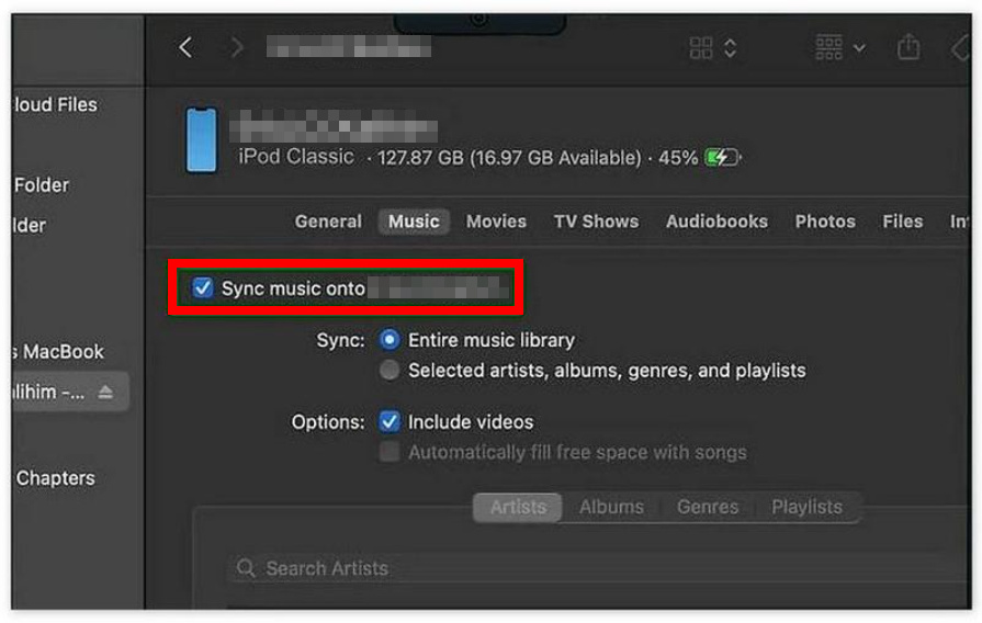 Transferir música desde el buscador de iPod