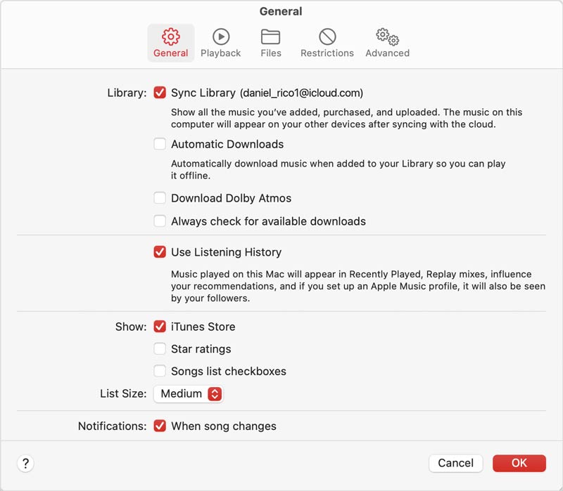 Configuración de Apple Music en Mac: Habilitar la sincronización de la biblioteca.