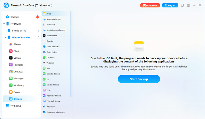 Copia de seguridad de notas de Foneease para iPhone