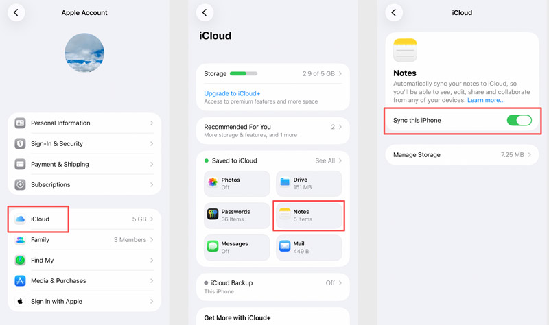 Activar la sincronización de notas de iCloud en este iPhone