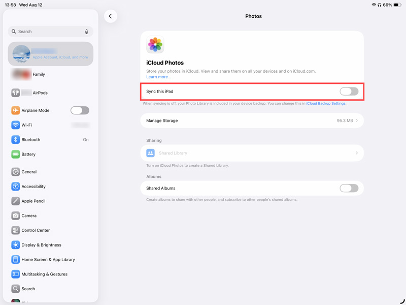 Sincronizar fotos de iCloud con este iPad. Habilitar
