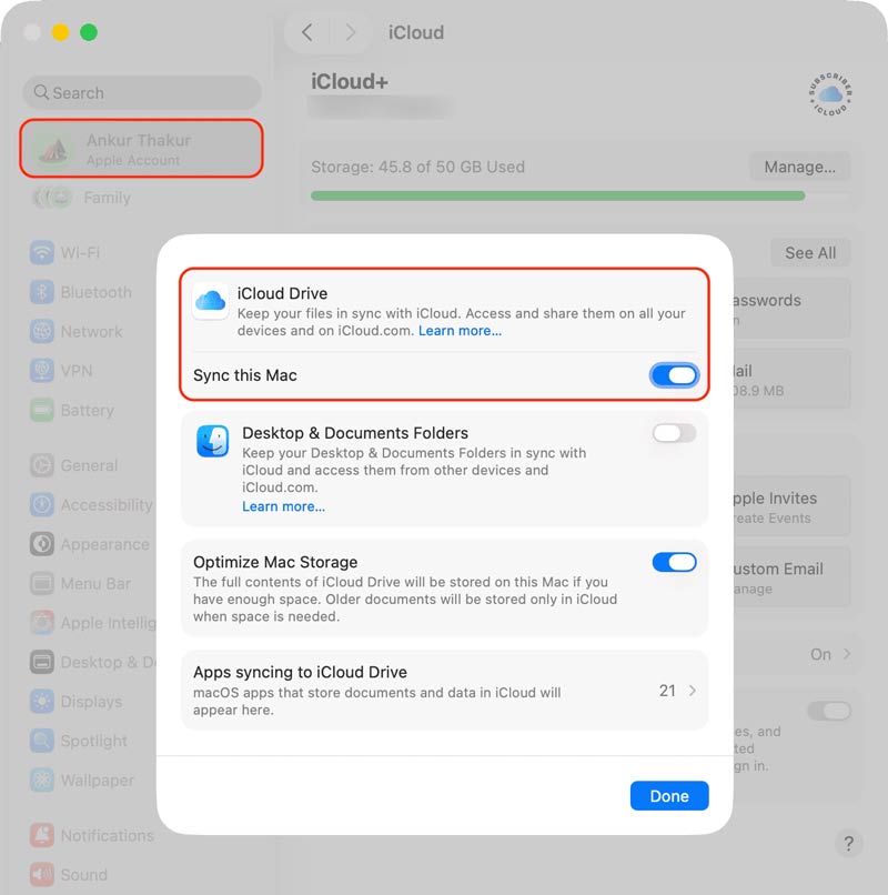 Sincronización de iCloud Drive para Mac en esta Mac