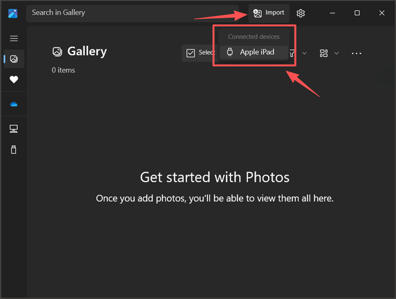 Abre la aplicación Fotos de Windows. Conecta el iPad.