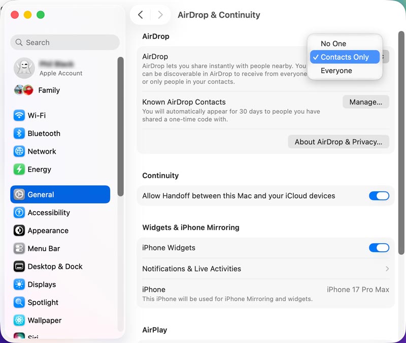 Configurar AirDrop solo para contactos en Mac