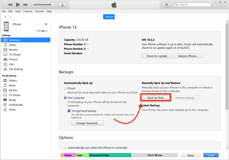 Copia de seguridad local cifrada de iTunes para iPhone