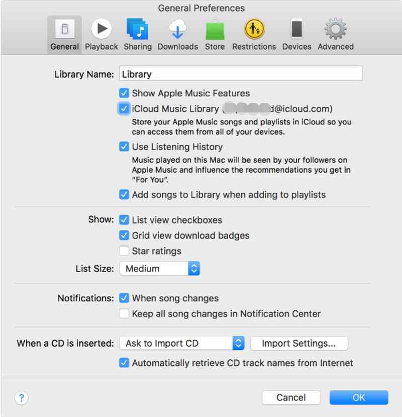 Desmarque la biblioteca de música de iCloud en la PC