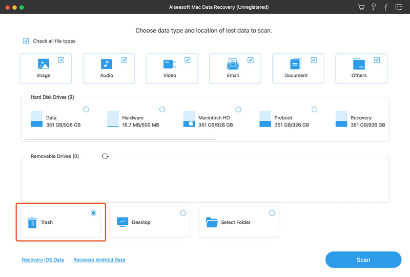 Recuperación de datos de Mac: seleccione la papelera