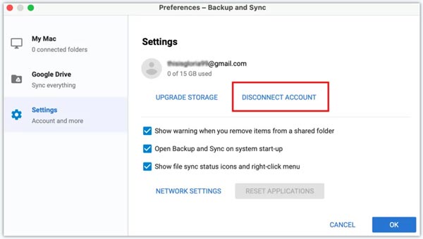 Desconectar la cuenta de Google Drive de Copia de seguridad y sincronización