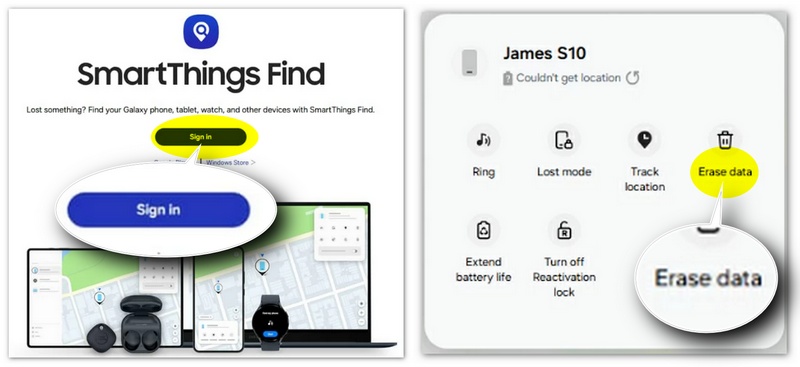 Haz clic en Borrar datos en SmartThings Find