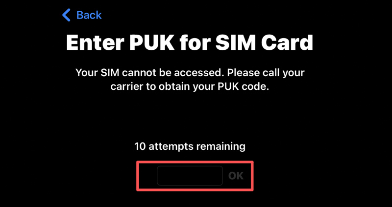 Desbloquea la tarjeta SIM con un código PUK.