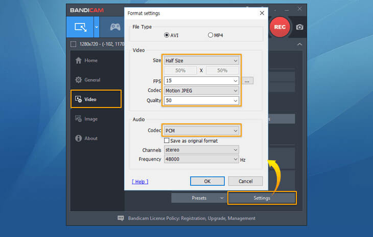 Cambiar la configuración de Bandicam