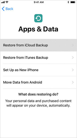 Pantalla de aplicaciones y datos - Restaurar desde iCloud Backup